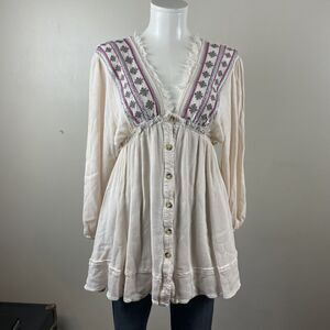 By Together Size Small Ivory Boho Embroidery Mini Dress Tunic